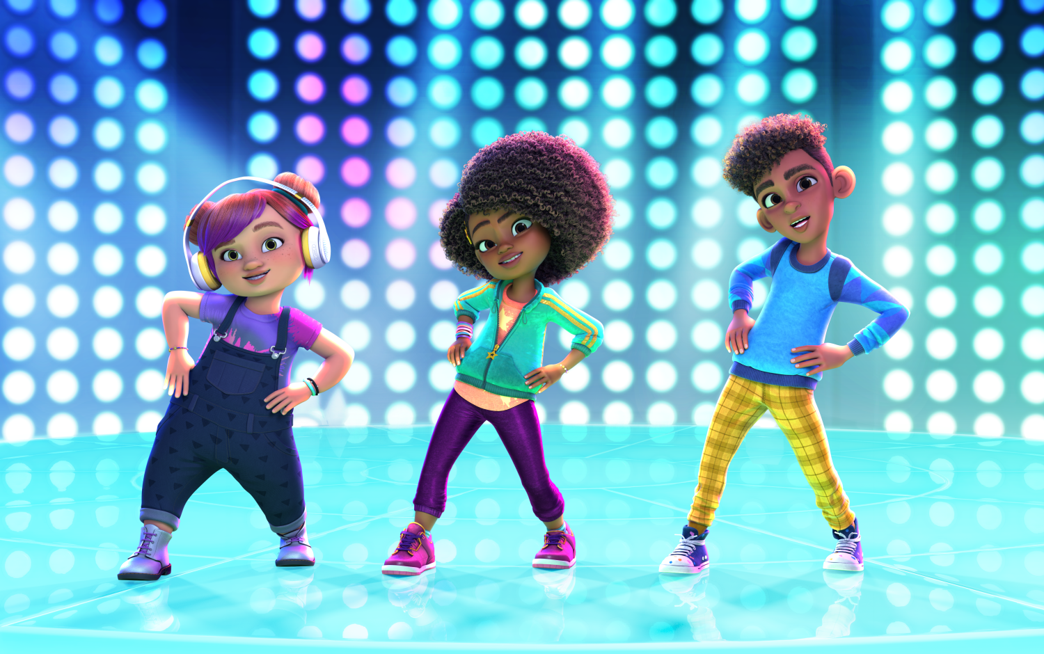 Switch, Karma and Winston striking a dance pose on Karma's stage