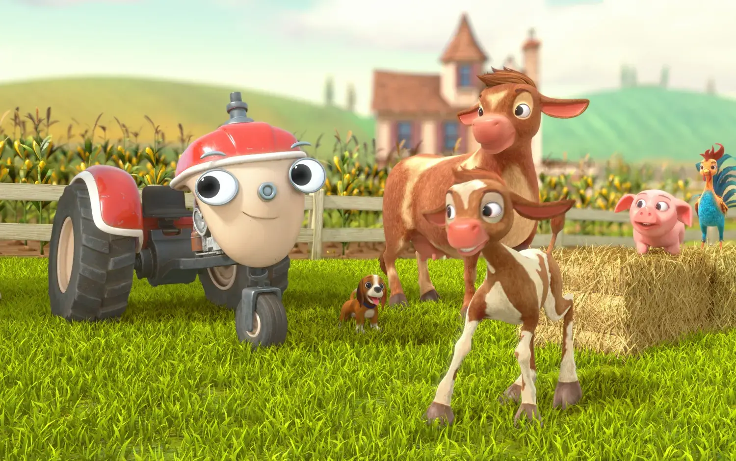 Otis next to a cow and her calf, with the farm in the background