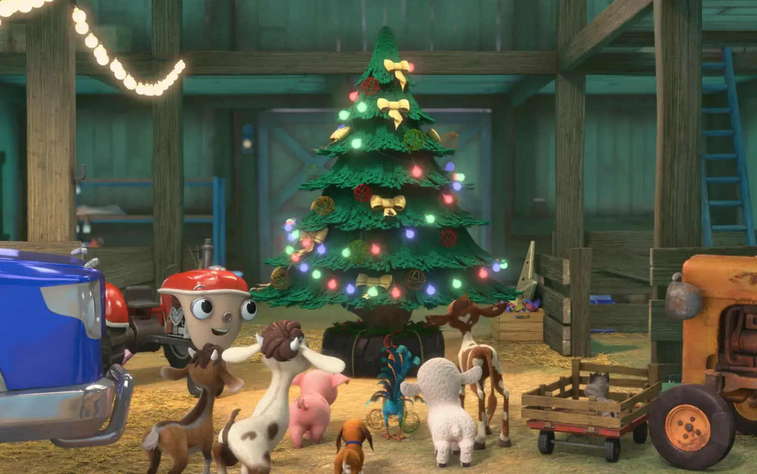 Otis and his friends around a lit up Christmas tree