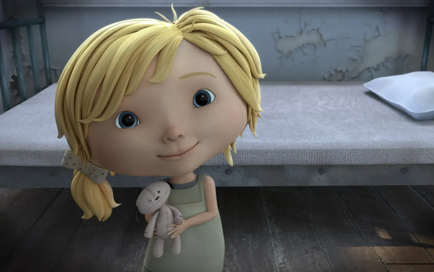 A still from animated short film Anya, showing a small girl holding a teddy bear