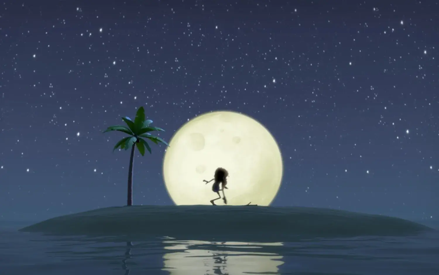 A still from the short film An Ode to Love, showing a man deserted on a beach with a stick