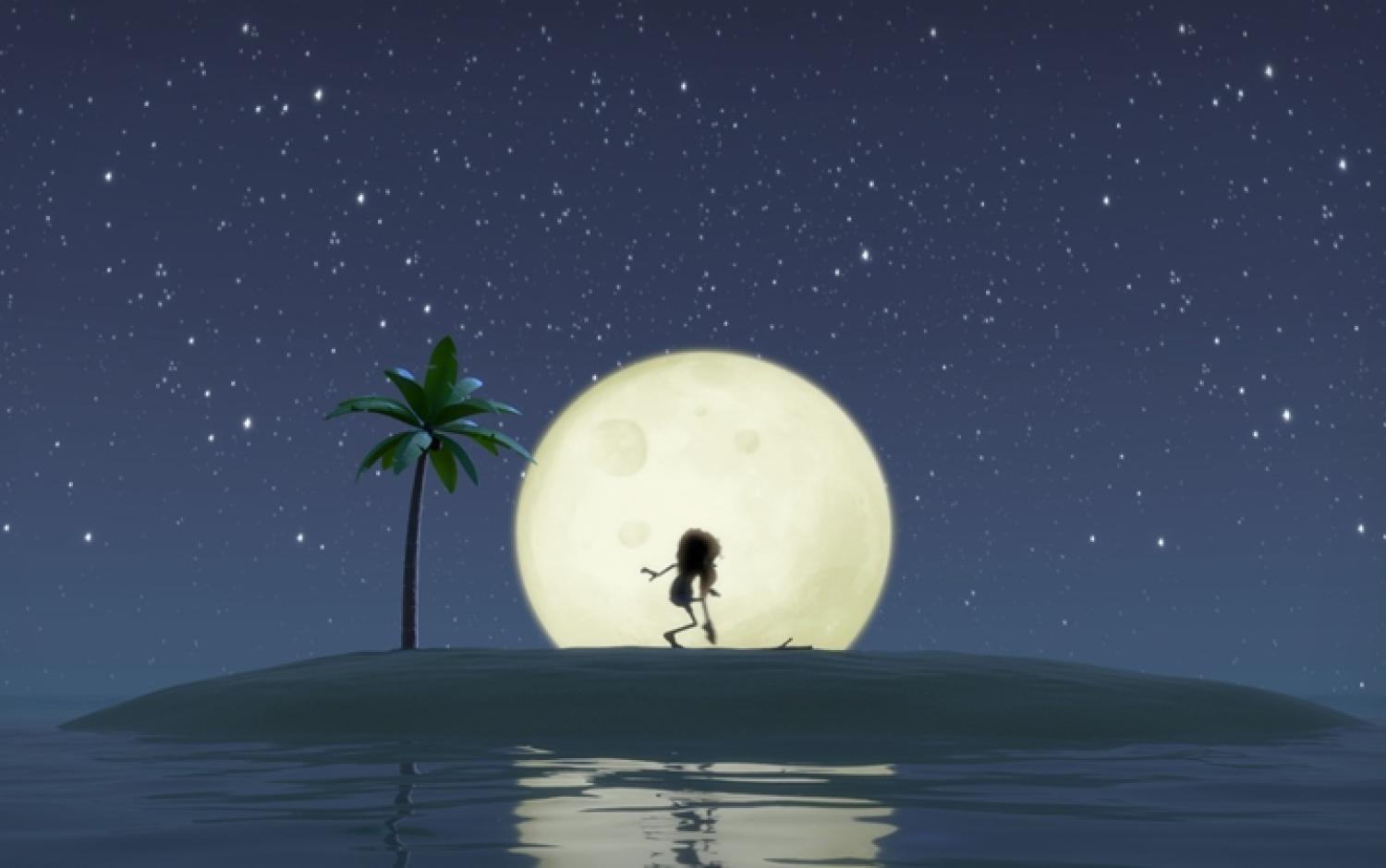 A still from the short film An Ode to Love, showing a man deserted on a beach with a stick