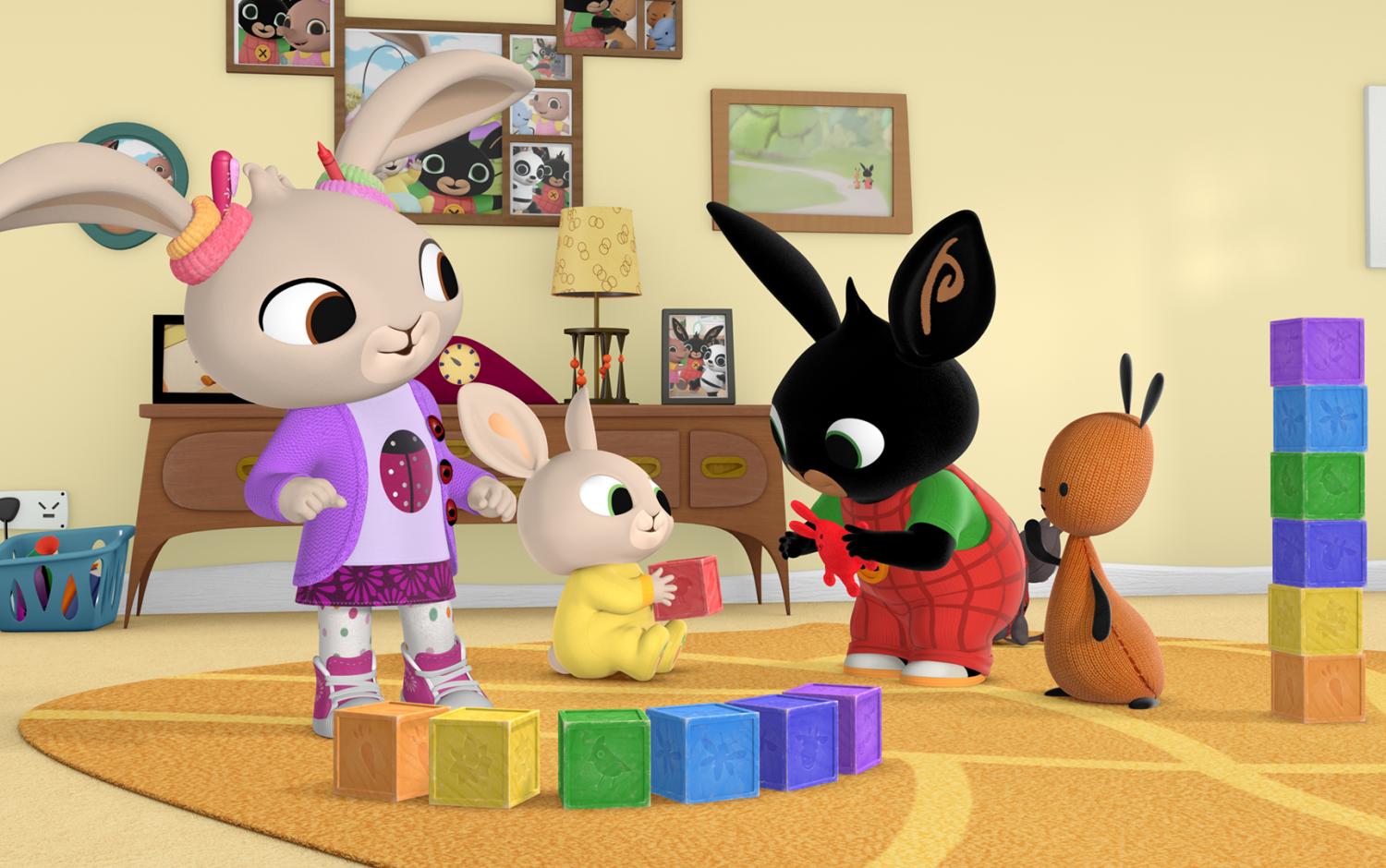 Bing and friends playing with some coloured blocks