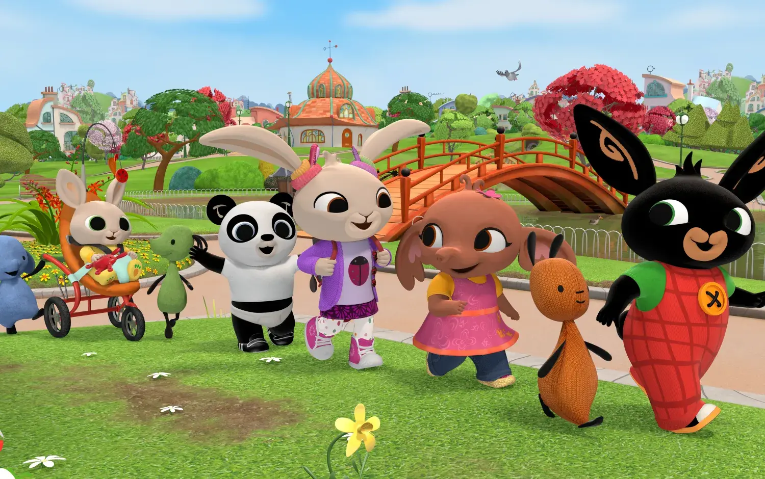 Bing and friends walking in a line through the park