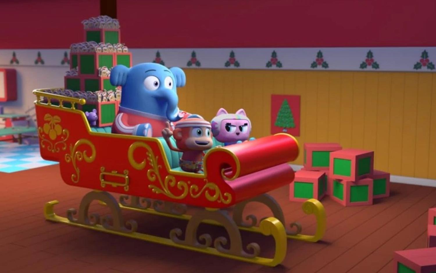 A still from Chico Bon Bon and the Very Berry Holiday showing the characters on a sleigh