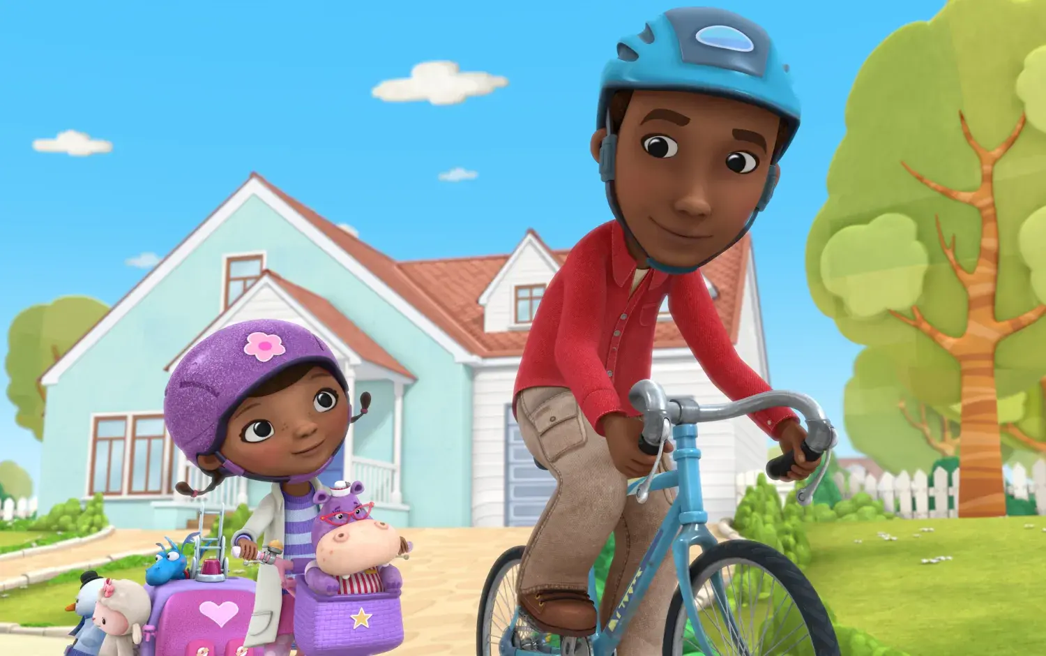 Doc McStuffins and her dad cycling. Doc is wearing a purple helmet and has Hallie in her bike basket. Her dad is wearing a blue helmet.
