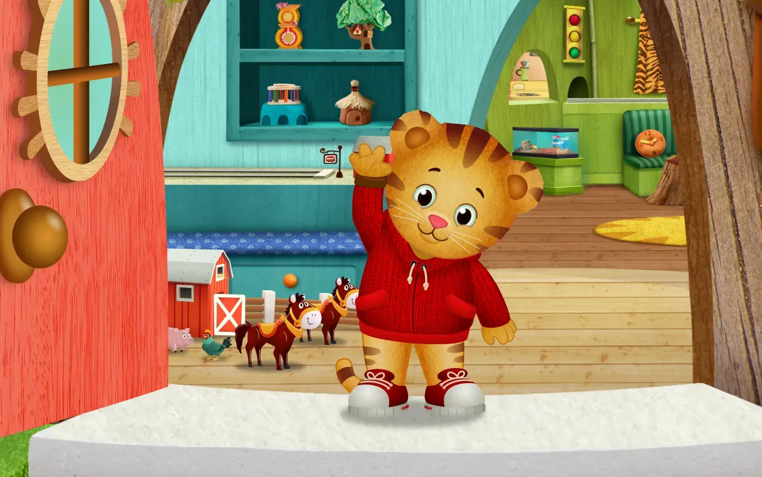 Daniel Tiger's Neighborhood: Daniel waves outside his house.