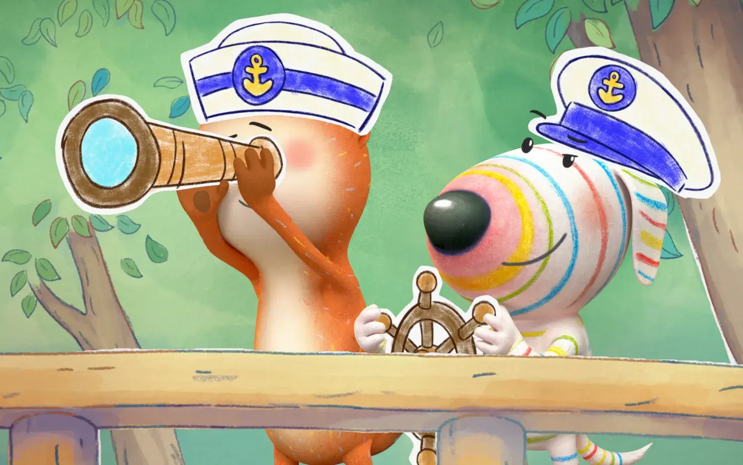 Dylan's Playtime Adventures: One character uses binoculars in sailor attire while another stands nearby.