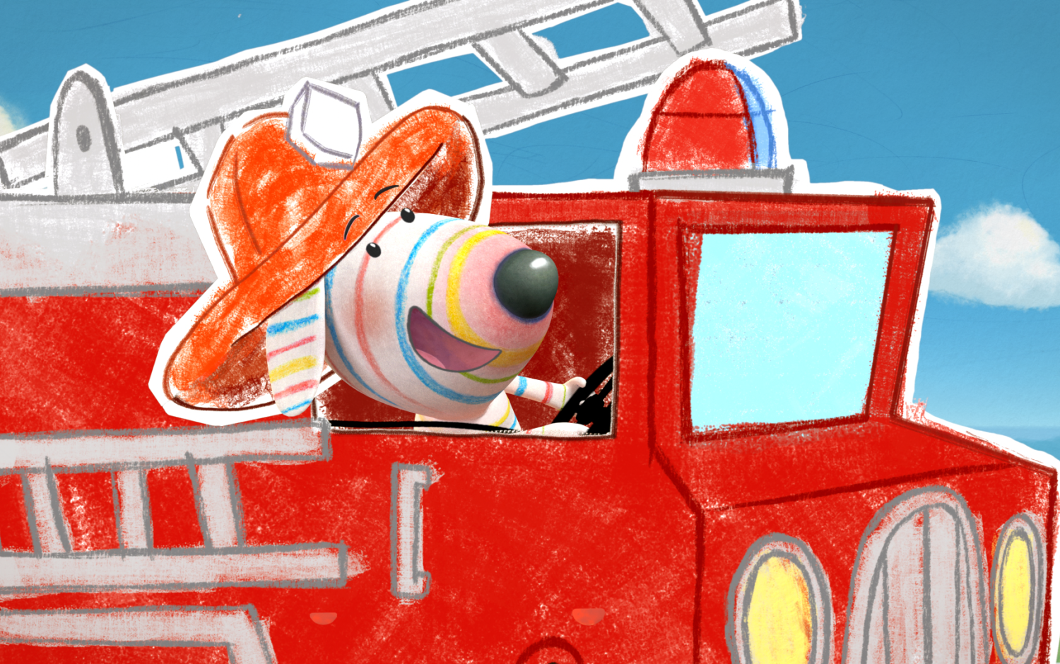 Dylan's Playtime Adventures: A character drives a red fire truck with a ladder, smiling joyfully.