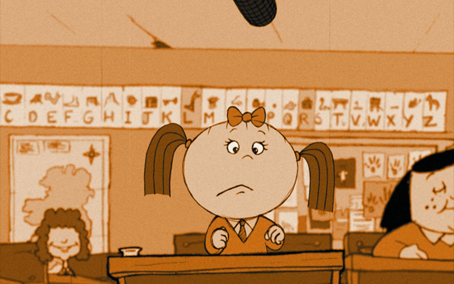 A classroom scene with a young student sitting at a desk looking up at a microphone hanging from the ceiling. Other students are visible in the background.