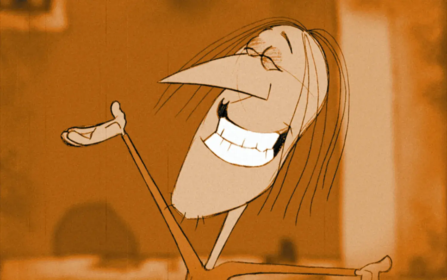 An animated character with long hair smiling broadly and gesturing with one hand. The background is blurred.