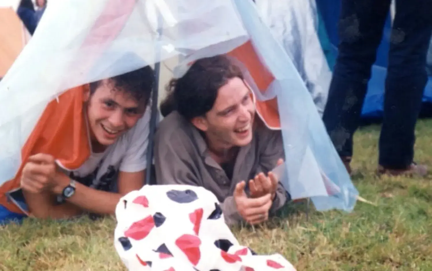 Cathal Gaffney and Darragh O'Connell in a makeshift tent