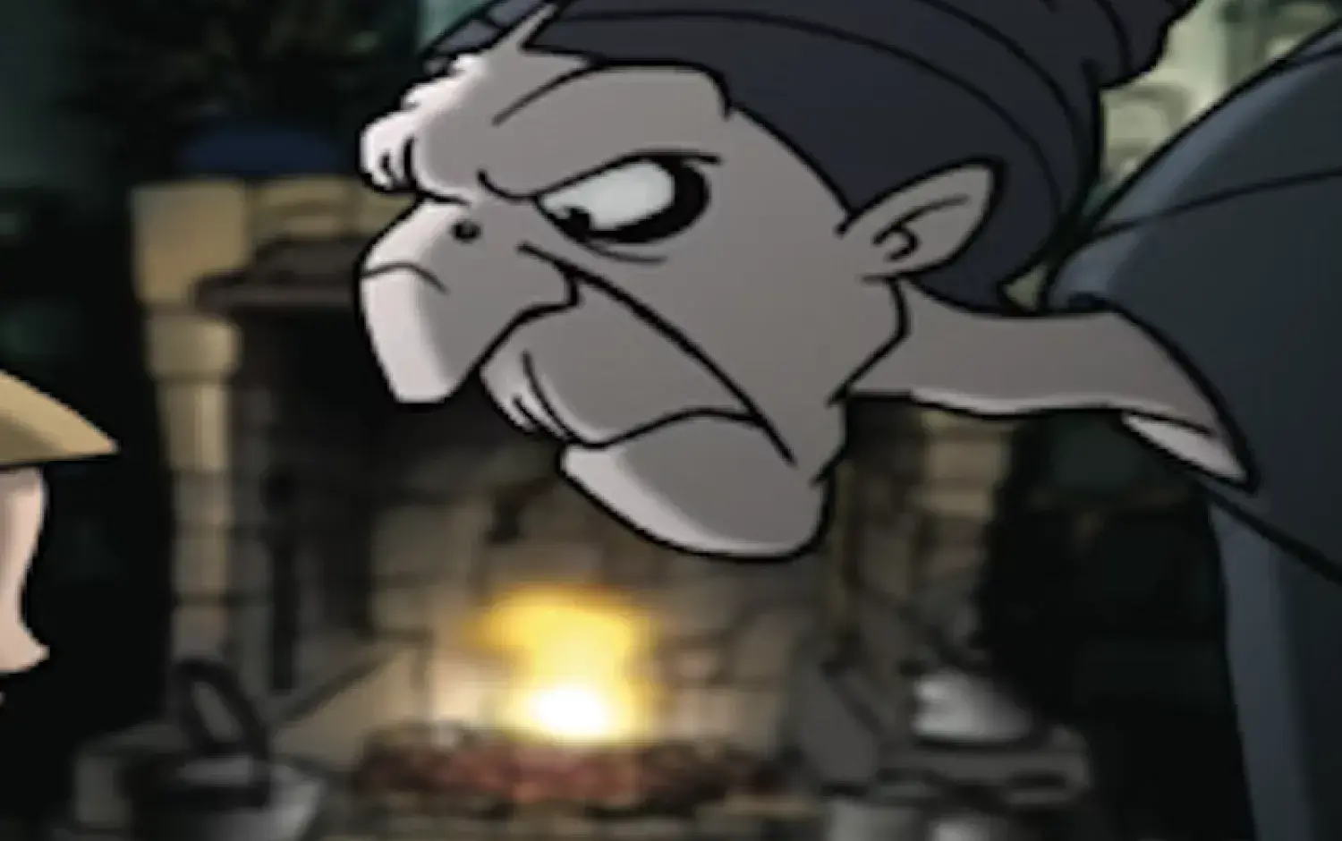 Cartoon-style elderly person leaning forward near a stone fireplace with kitchen utensils and a burning fire in the background.