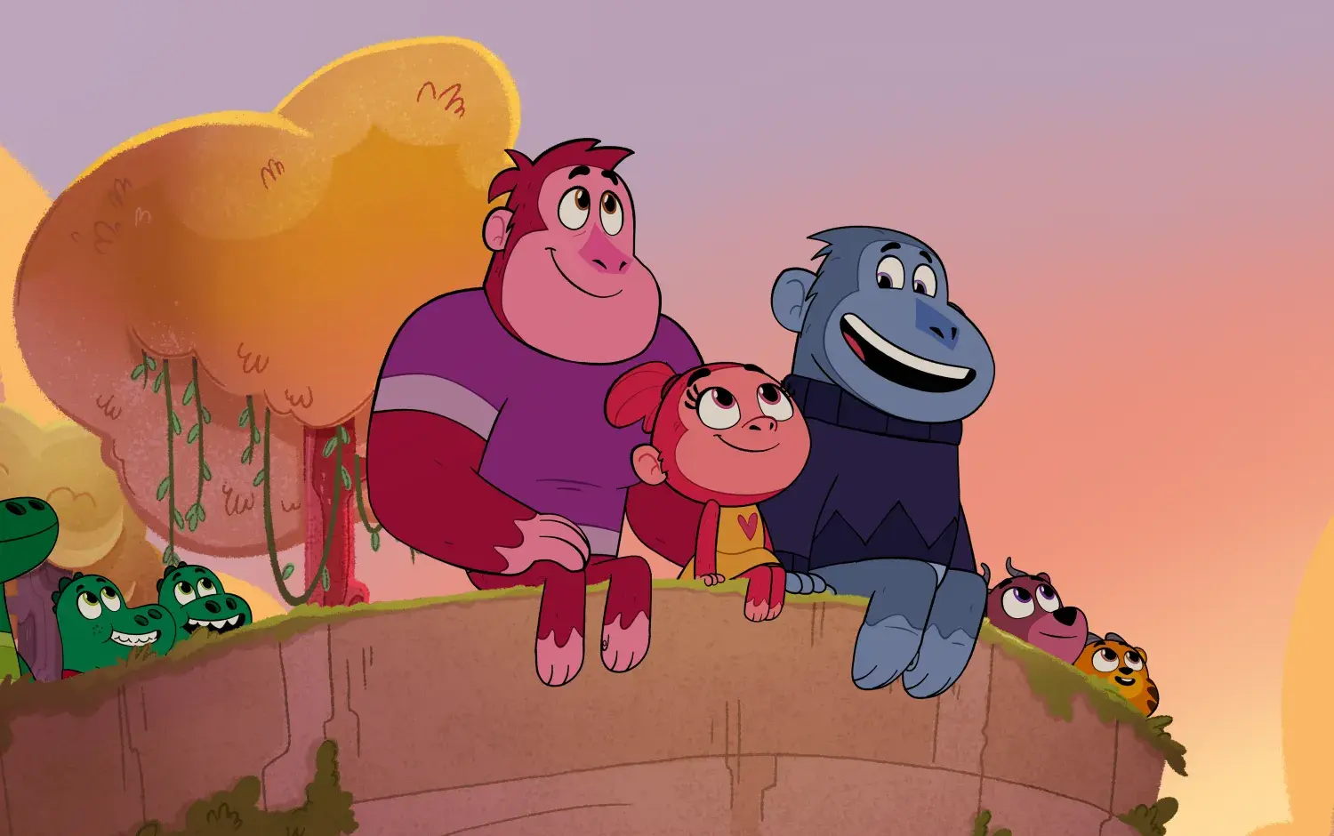 Let's Go, Bananas!: Three characters cliff on a cliff edge looking down.