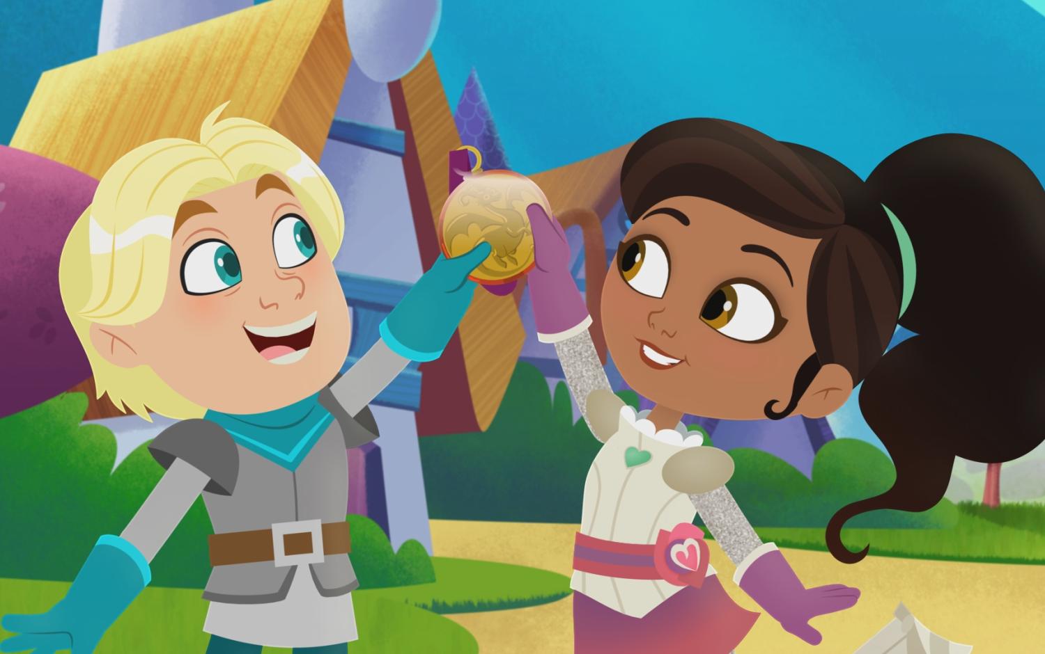 Nella the Princess Knight and her friend raising a medallion together