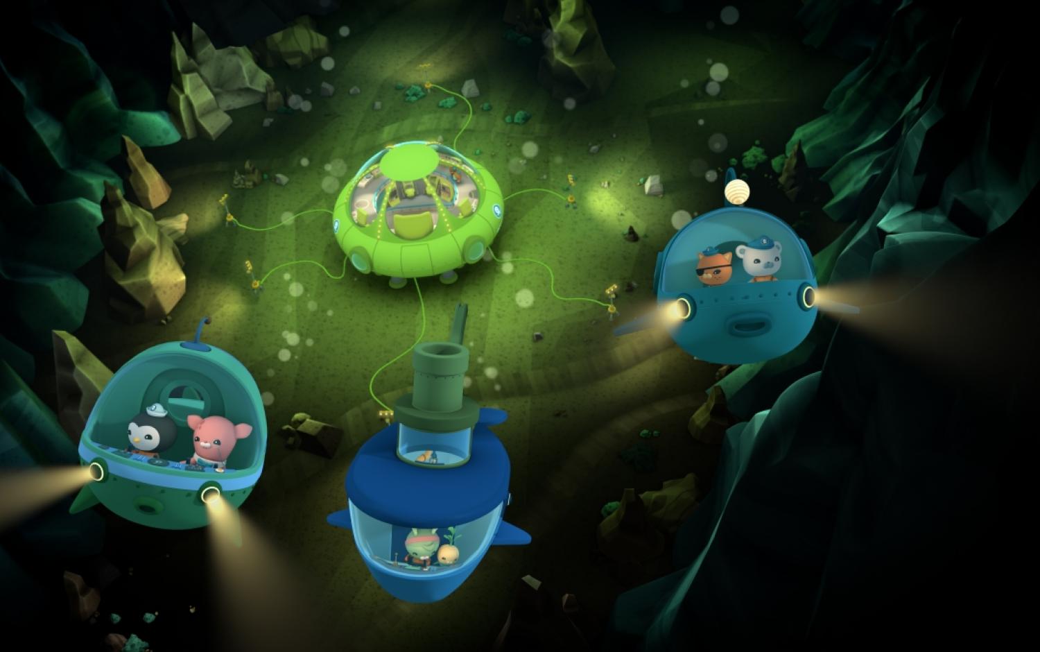 The Octonauts in their vehicles navigating through the Mariana Trench