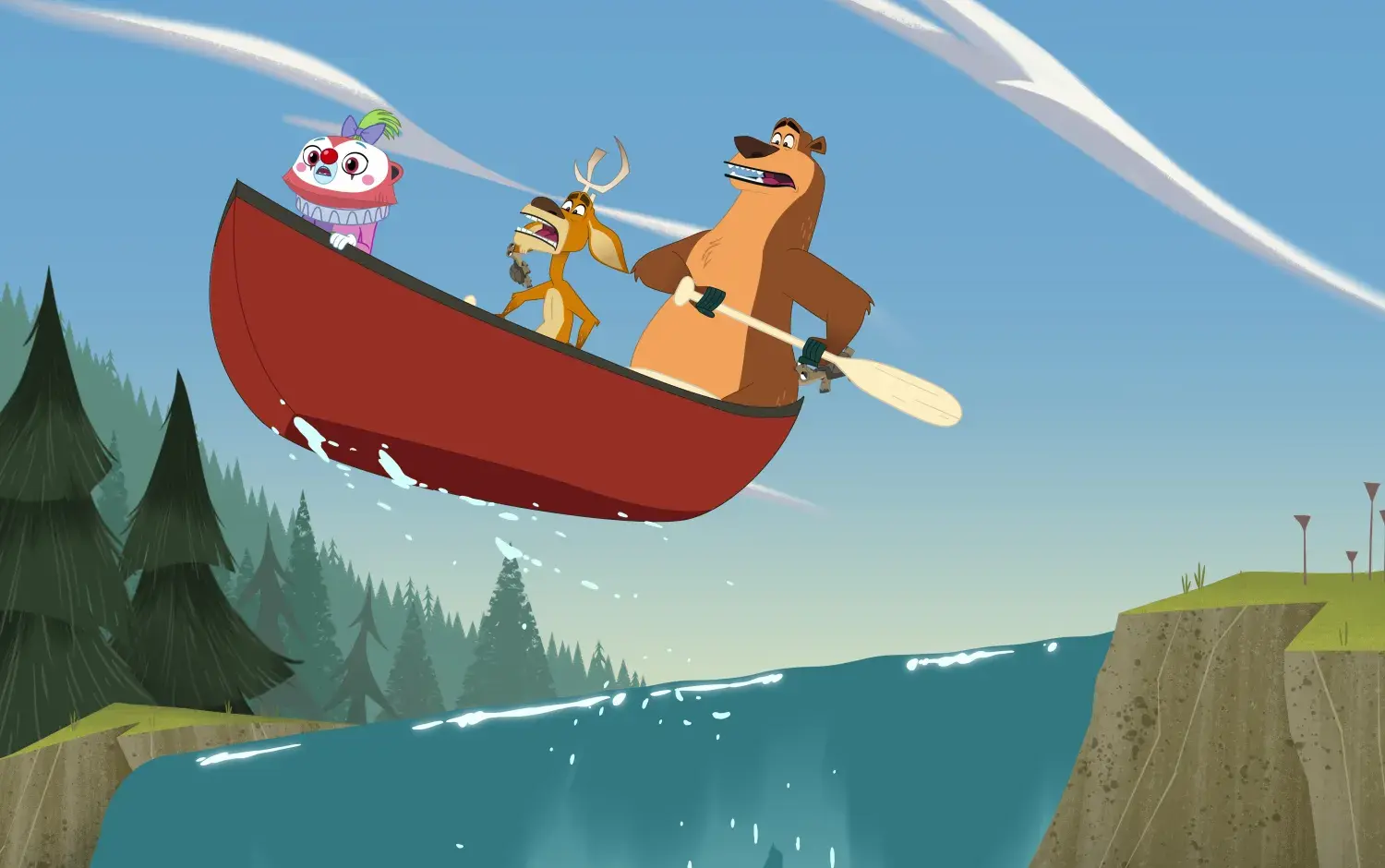 Open Season: Call of Nature: A bear and rabbit paddle a red canoe down a scenic river.
