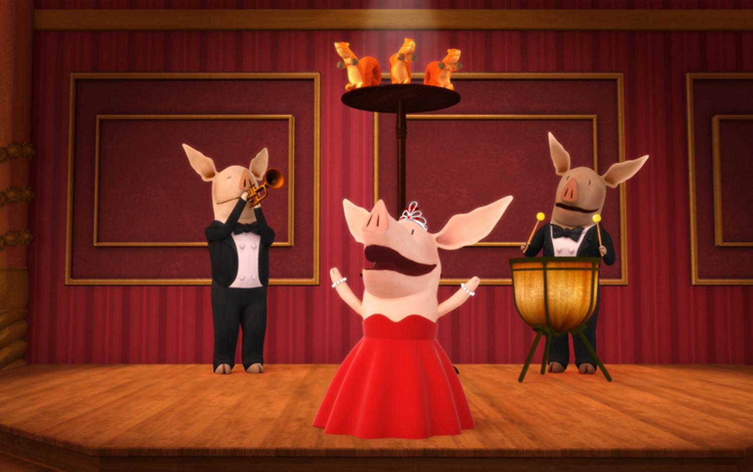 Stage performance scene with Olivia and two other characters dressed up and performing an opera or musical act.