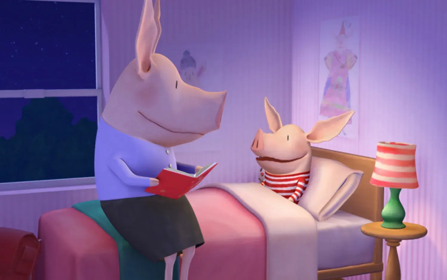 Olivia in her bed with her mother reading her a book.