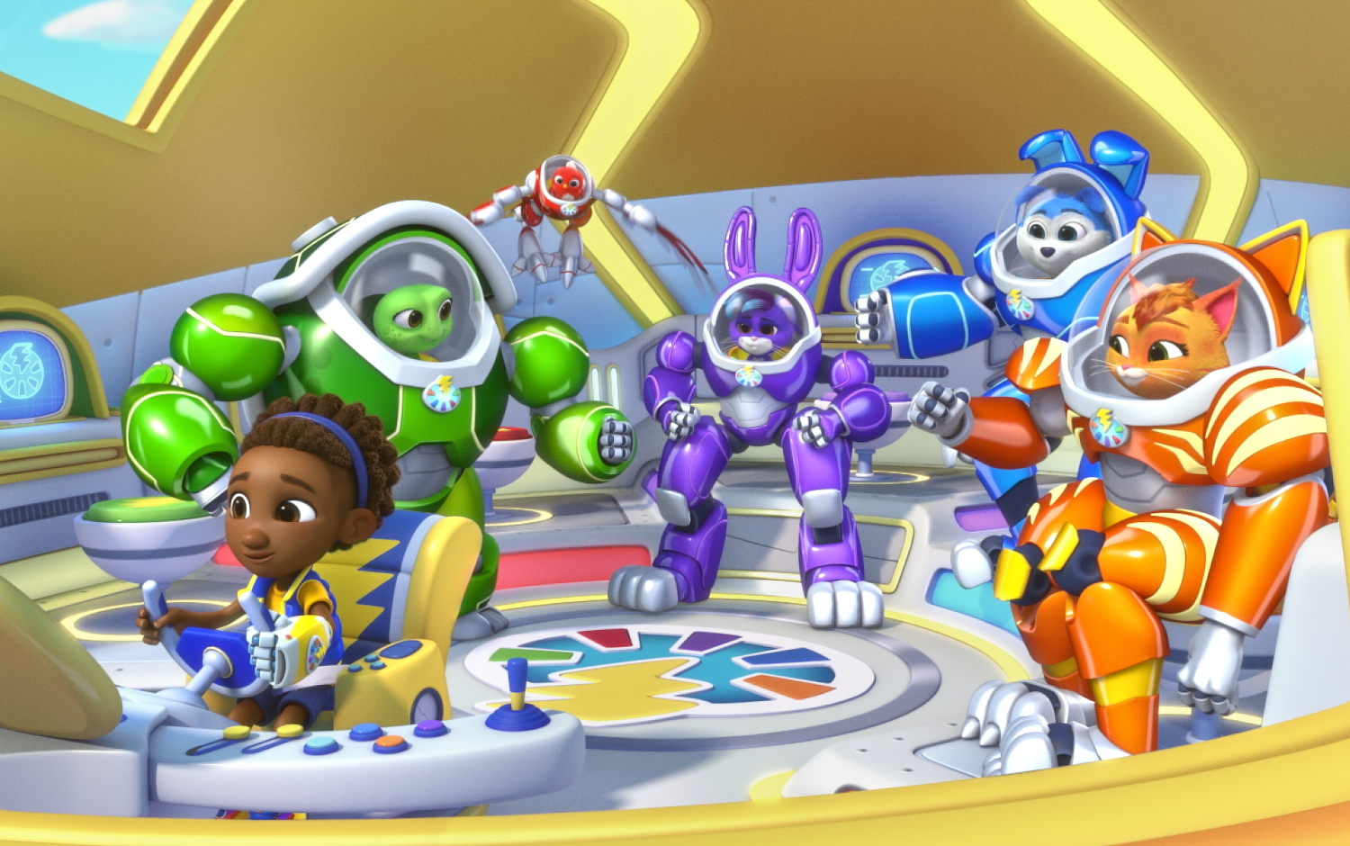 Dax, Hopper, Shelly, Wingo, Booster and Allie in a vehicle together. Dax is sitting at the control panel