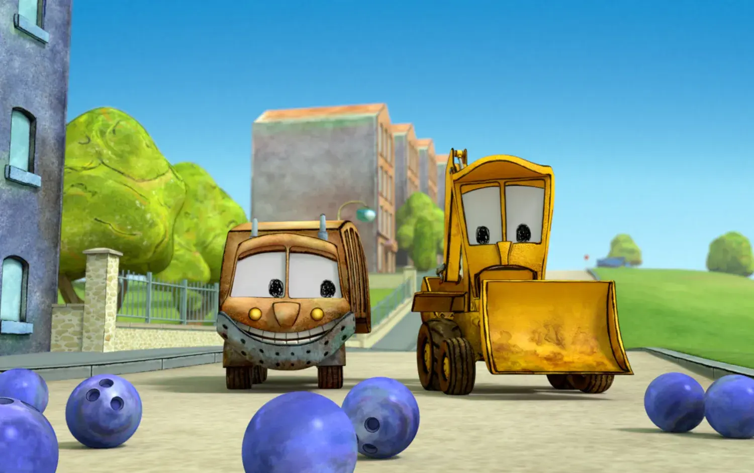 The characters Stinky and Dirty chasing some bowling balls that are on the road