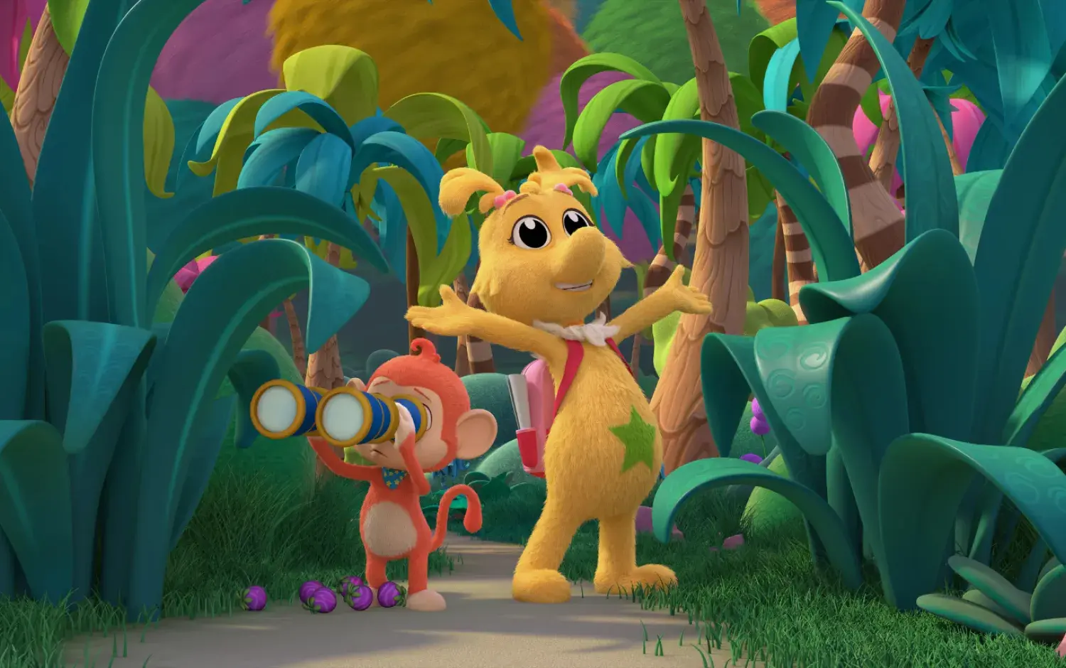 A Sneetch standing in lush, colorful vegetation, looking off to the side. Next to a monkey using binoculars.