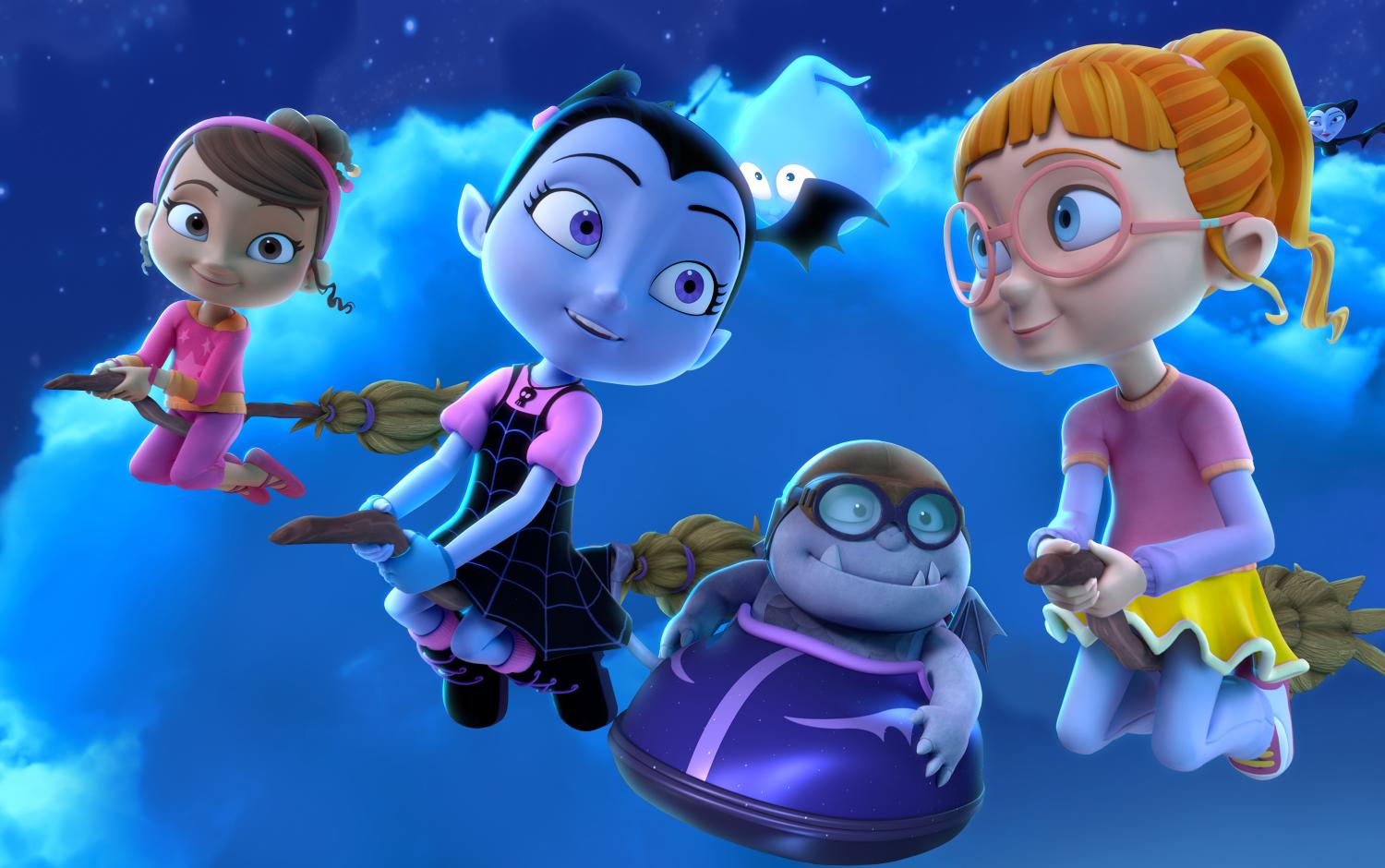 Vampirina, Poppy and Bridget flying on broom sticks in the night sky