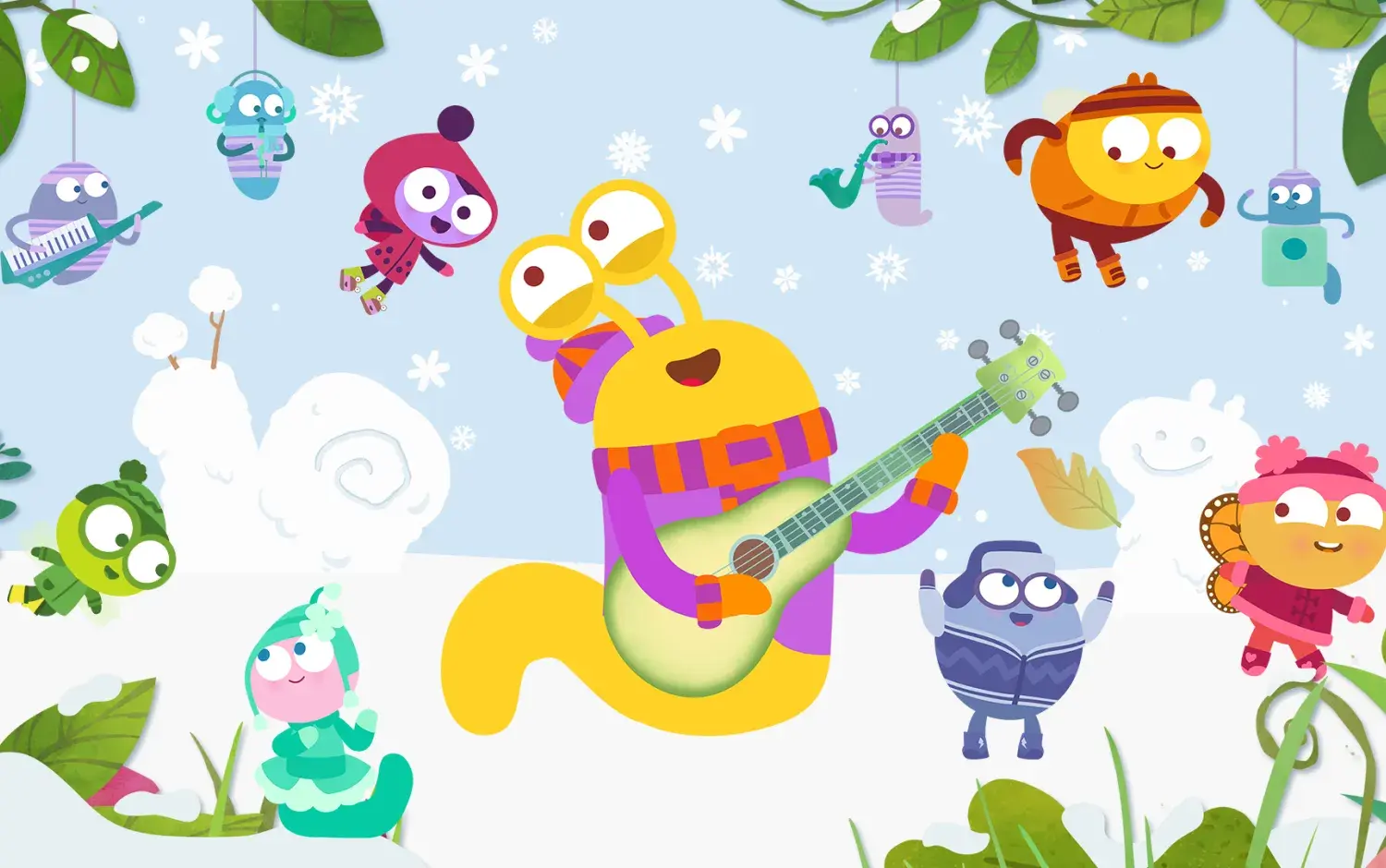 Lu & The Bally Bunch episodic still of characters dancing and singing in the snow