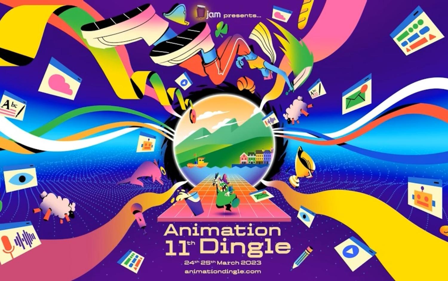 Colorful poster for Animation Dingle 2023 featuring vibrant abstract shapes, animation-themed icons, and a central circular scene of green hills and a village. Text reads “Animation 11th Dingle, 24th–25th March 2023, animationdingle.com.”