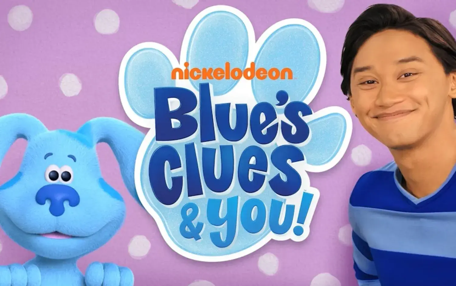 Blue’s Clues & You! logo with Blue the dog on a purple polka-dot background.