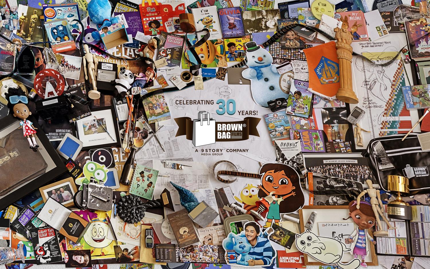 Flat lay of many different items and accessories with Brown Bag Films logo in the center.