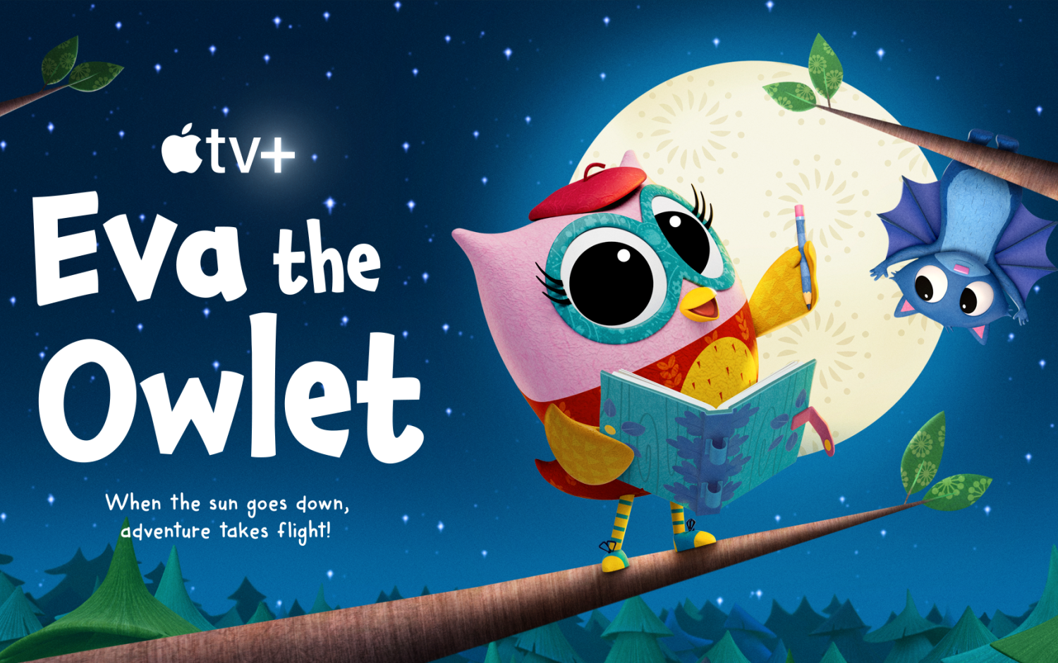 Colorful promotional image of Eva the Owlet featuring Eva and friends in a bright treetop setting.