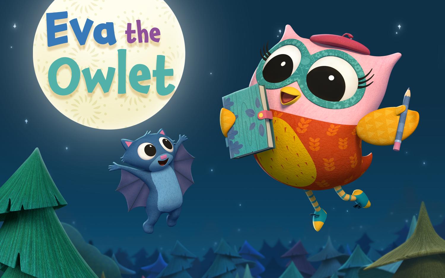 Poster art for Eva the Owlet, featuring Eva holding her journal and pen, with the moon behind her