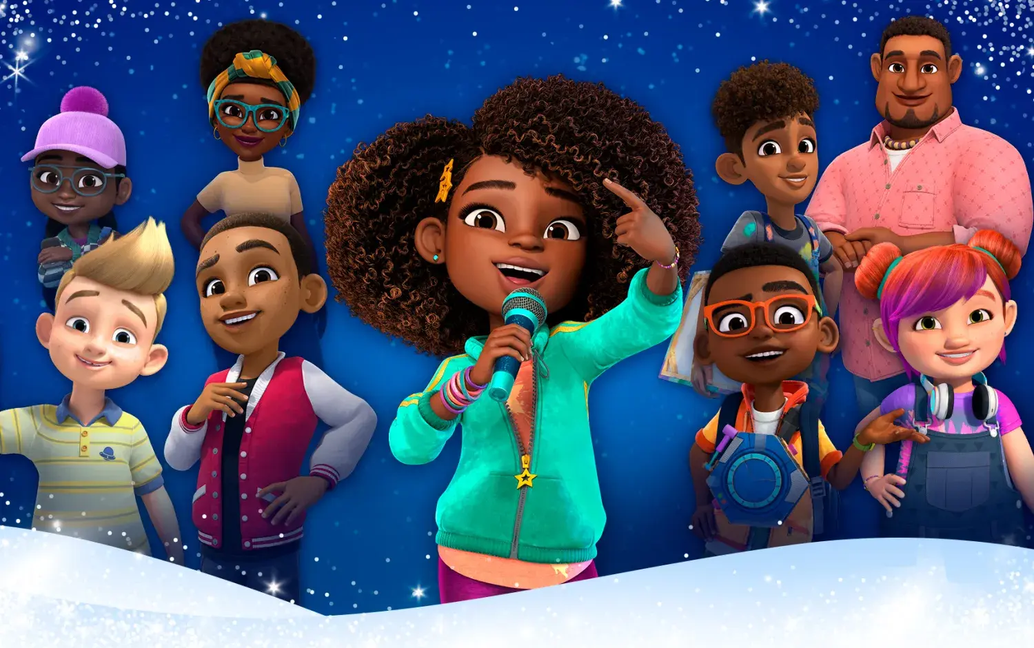 Group of animated characters in colorful outfits standing against a snowy foreground and starry blue background with festive sparkles.