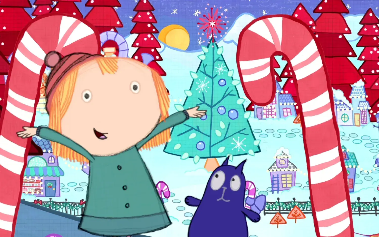 Peg and Cat in a festive winter scene with giant candy canes, decorated Christmas tree, and colorful houses in the background.