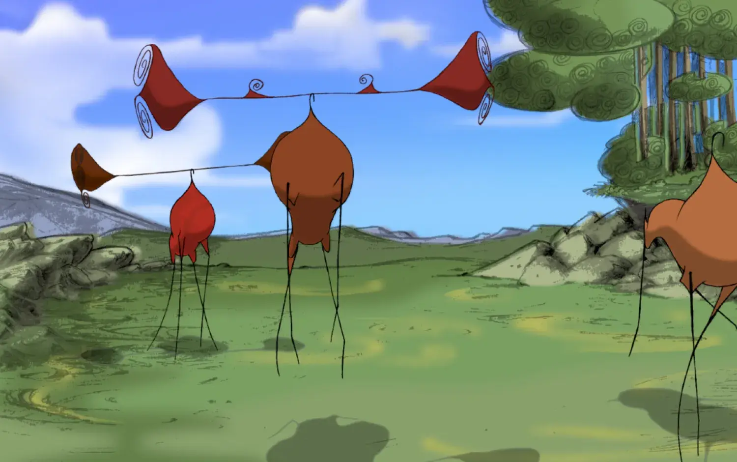 Digital artwork of three abstract, long-legged creatures standing on grassy terrain with trees and mountains in the background.