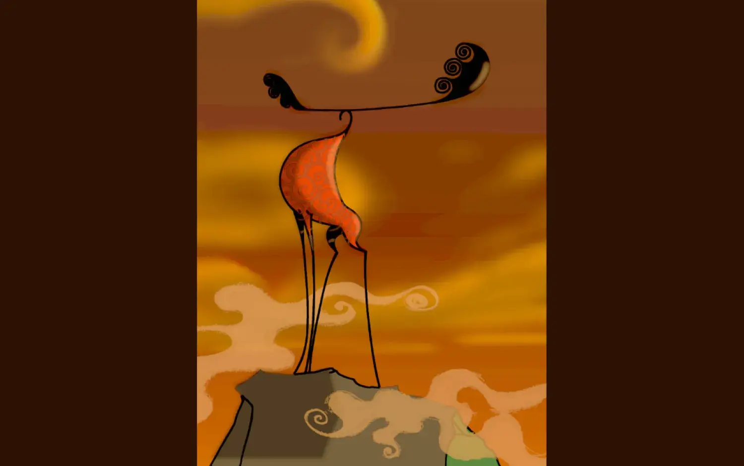 Stylized digital artwork of a tall, abstract Elk with thin legs and a curved body standing on a rocky surface against an orange sky with swirling clouds.