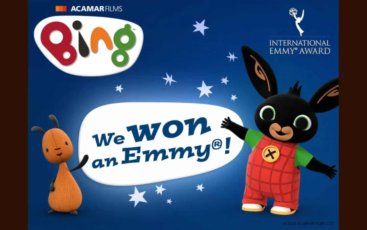 Illustration with Bing characters and text reading “We won an Emmy!” on a blue background.