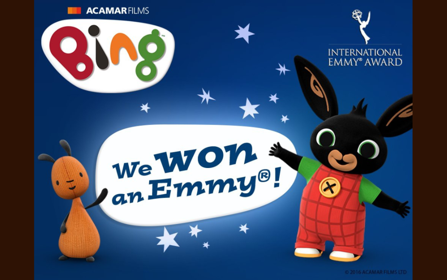 Illustration with Bing characters and text reading “We won an Emmy!” on a blue background.