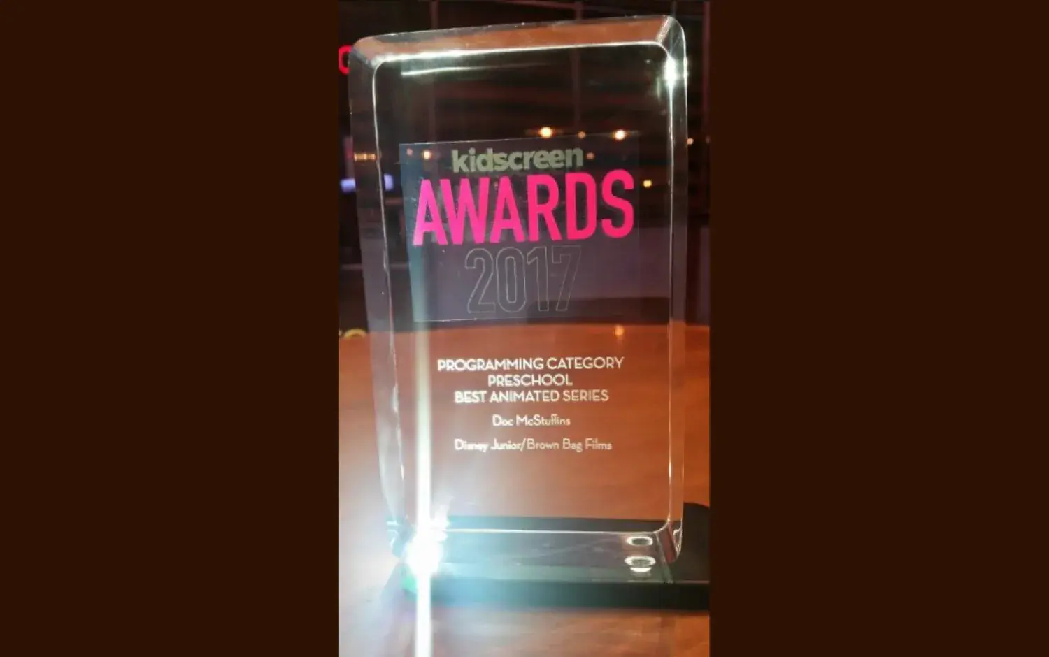 Clear acrylic award engraved “Kidscreen Awards 2017 – Best Animated Series, Doc McStuffins.”