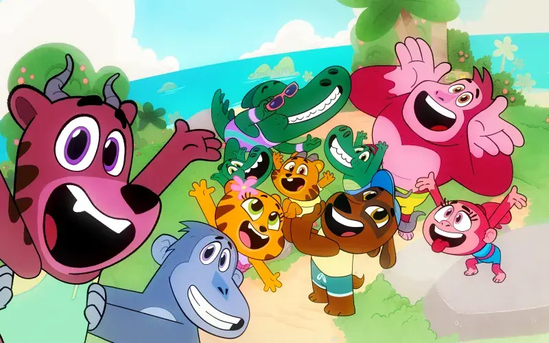 Let's Go, Bananas!: Group of characters pose happily together on a beach.