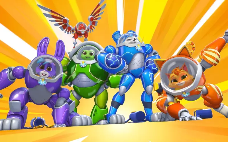 Hopper, Shelly, Wingo, Booster and Allie in their Robo-suits in hero poses