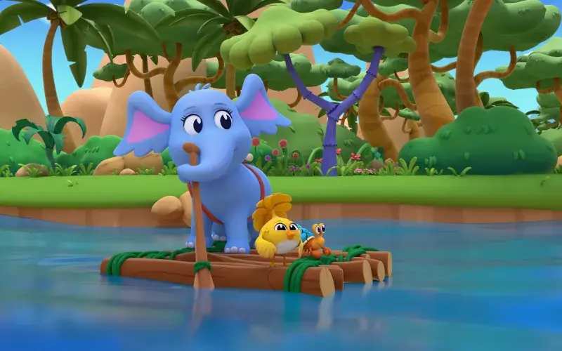 A still from the animated series Dr. Seuss's Horton! featuring Horton and his buddies on a wooden raft in the jungle.