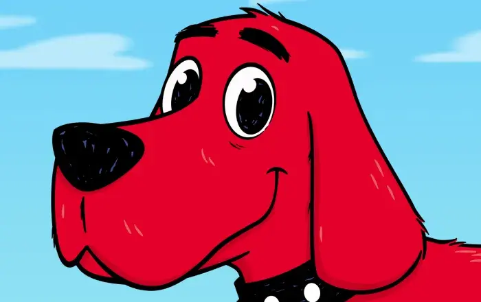 Clifford the Big Red Dog - Animated Character Still - Red Dog on Blue Background.