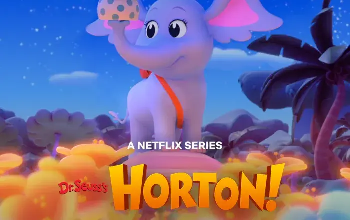  Promotional image for Dr. Seuss’s Horton! Season 2 showing Horton the elephant in a vibrant nighttime forest, with small friends resting on his trunk and head, colorful flowers in the foreground, and the Netflix release date displayed.