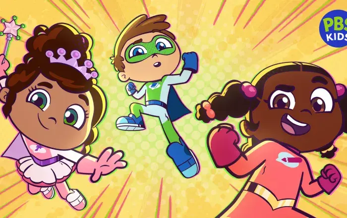 Super Why's Comic Book Adventures hero image featuring 3 Super Why characters, Princess Presto, Super Why and Power Paige