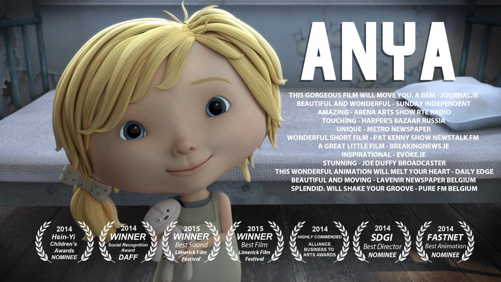 A poster for the short animation Anya, featuring the titular character surrounded by award laurels, indicating the animation’s accolades.
