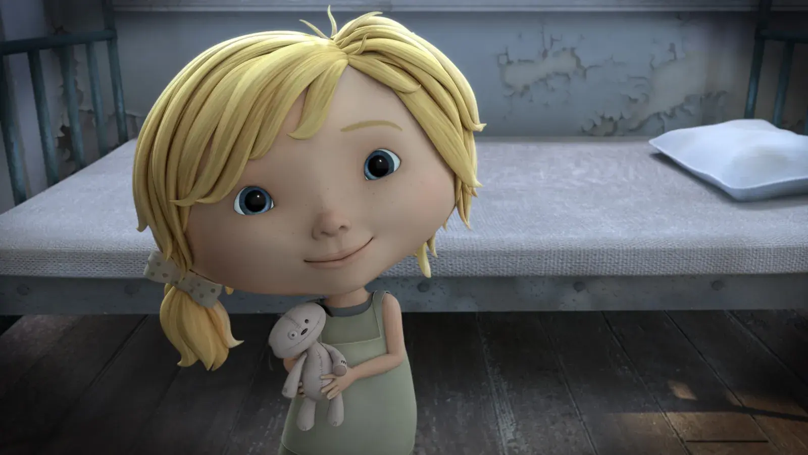 A still from animated short film Anya, showing a small girl holding a teddy bear
