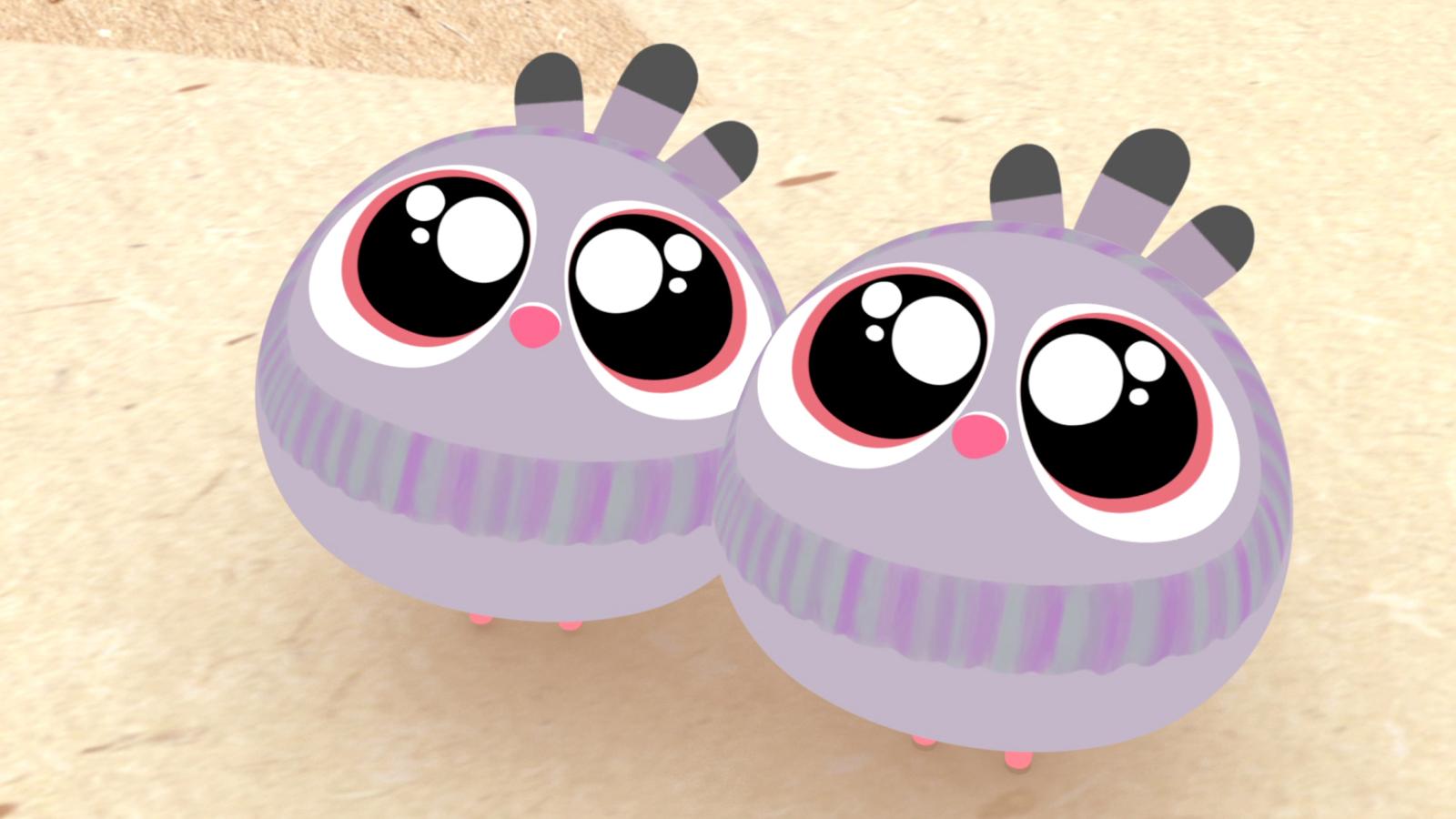 two pigeons looking up cutely with big eyes