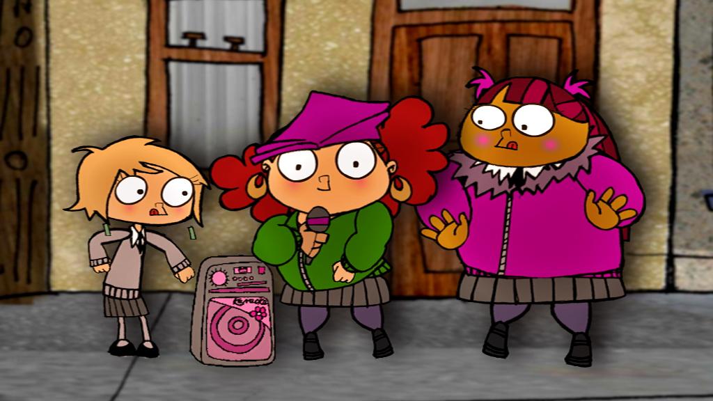 Desree and two other girls busking on the street.